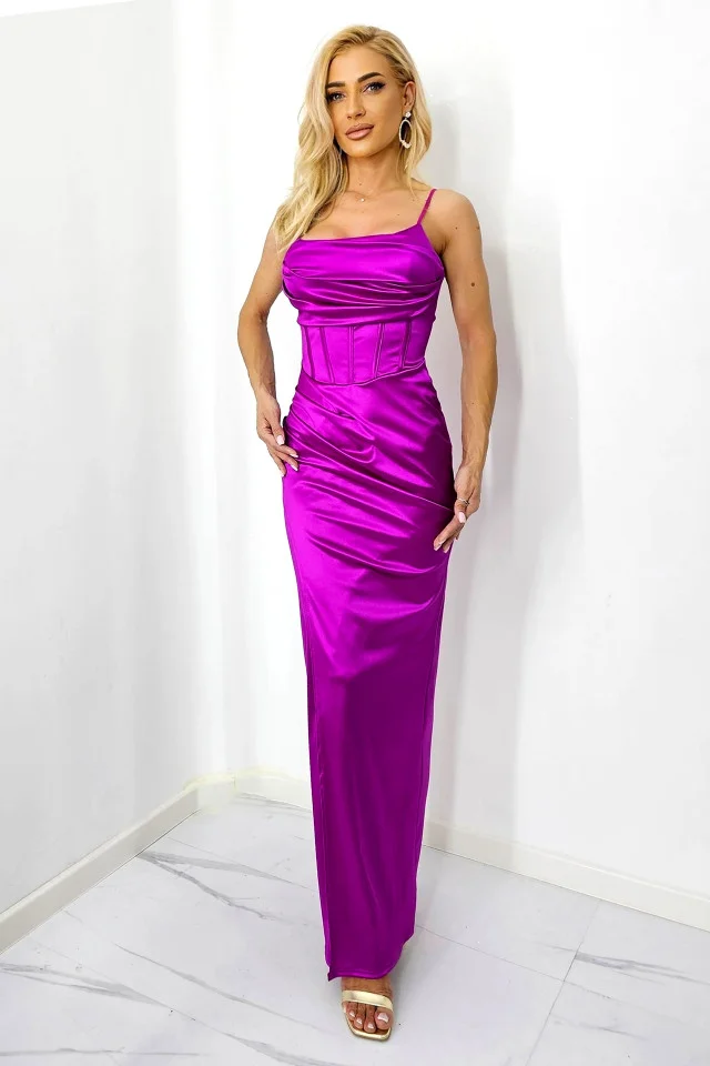 Rochie lunga cu corset, Astoria, slit petrecut si bretele reglabile, Fucsia, Marime S/M