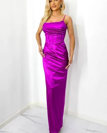 Rochie lunga cu corset, Astoria, slit petrecut si bretele reglabile, Fucsia, Marime S/M