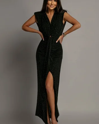 Rochie eleganta fara maneci JHOSY, cu paiete argintii si decolteu, Negru, Marime S/M