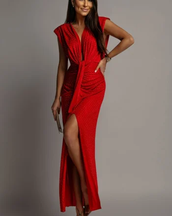 Rochie de ocazie fara maneci JHOSY, cu paiete si decolteu, Rosu, Marime S/M