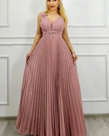 Rochie lunga de seara AZARIA, cu falduri si croiala empire, Roz