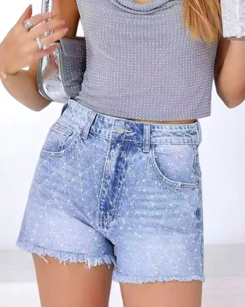 Pantaloni scurti de blugi OXAKA, cristale aplicate geometric si franjuri, Albastru zapada