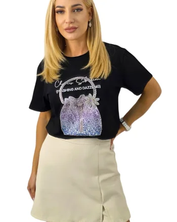 Tricou bumbac NOREA, cu imprimeu fashion si cristale, PURSE Negru, Marime S/M
