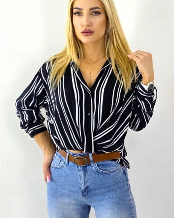 Camasa dama LOVINA, cu dungi si nod wrap, Negru/Alb