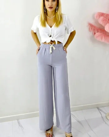 Pantaloni lungi de zi, bumbac MERON, cu snur si croi larg, GRI