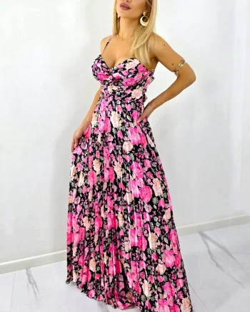 Rochie lunga plisata NYSA, cupe buretate si legare spate, Negru-Roz, Marime S/M