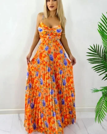 Rochie lunga plisata NYSA, cupe buretate si legare spate, Portocaliu, Marime S/M
