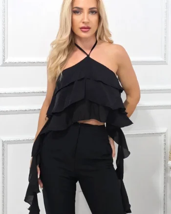Top de seara Yuna, cu volane oversize asimetrice, Negru, Marime S/M