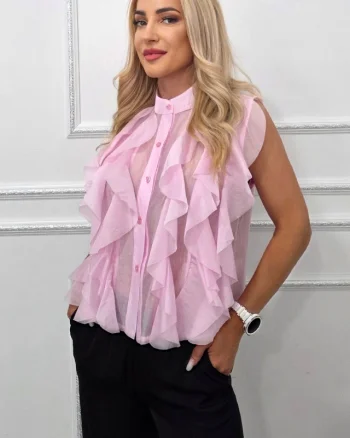 Camasa transparenta din lyocell NIVA, cu volanase, Roz, Marime S/M