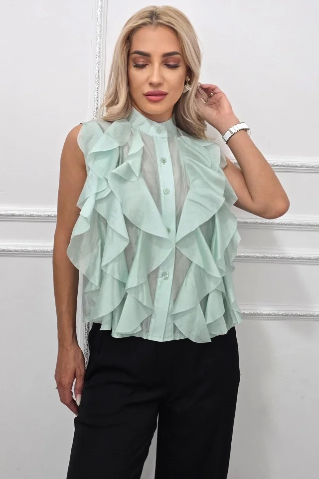 Camasa office cu volanase, din lyocell NIVA, Verde Menta, Marime S/M