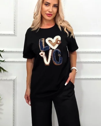 Tricou bumbac NOREA, cu imprimeu in relief, LOVE Negru