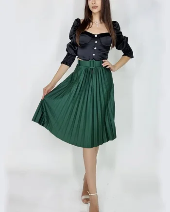 Fusta plisata eleganta Carmen, curea de aceeasi culoare inclusa, Verde, Marime universala S/M