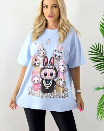 Tricou dama cu print La BuBu, croiala lejera cu perle si cristale, Blue, Marime S/M/L