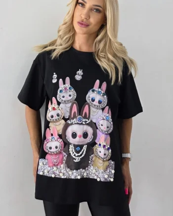 Tricou lung imprimat La BuBu, cu perle si cristale colorate, Negru, Marime S/M/L