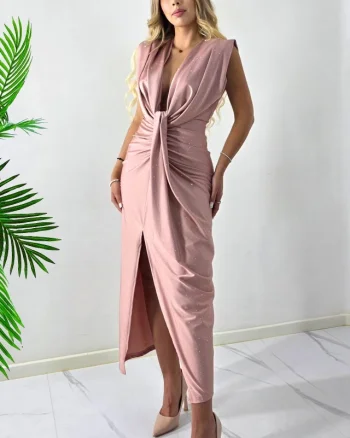Rochie de ocazie fara maneci JHOSY, cu decolteu adanc si cristale, Roz Pudrat, Marime S/M