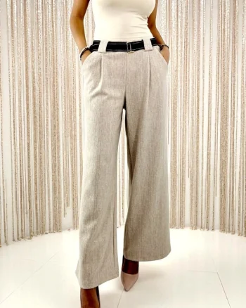 Pantaloni lungi si curea textila PERSEA, croi wide leg, Crem