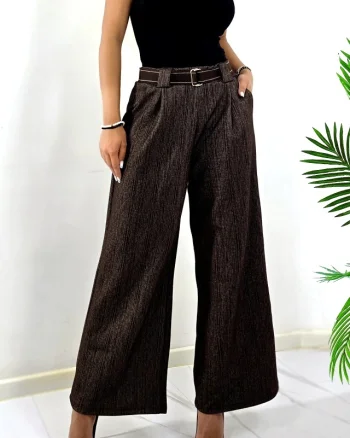 Pantaloni lungi si curea textila PERSEA, cu pense, Maro