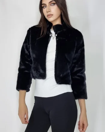 Haina din blana ecologica Graziana, cu maneca trei sferturi si accesoriu inclus, Negru, Marime universala S/M