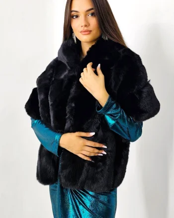 Capa tip sal din blana ecologica, Emeia, cu prindere in gaica, Negru, Marime OneSize