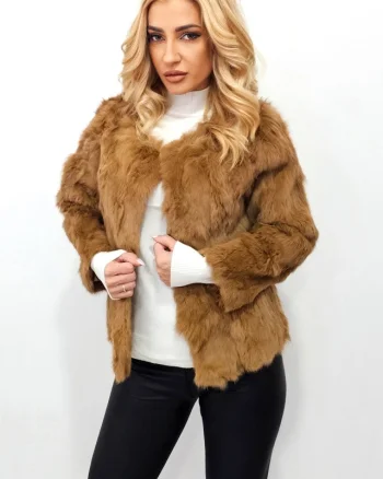 Haina de dama Lea Bliss din blana naturala de iepure, Bej, Marime S/M