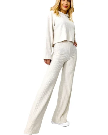 Compleu tetra Scarlett, cu bluza large, gluga si pantaloni lejeri, Crem