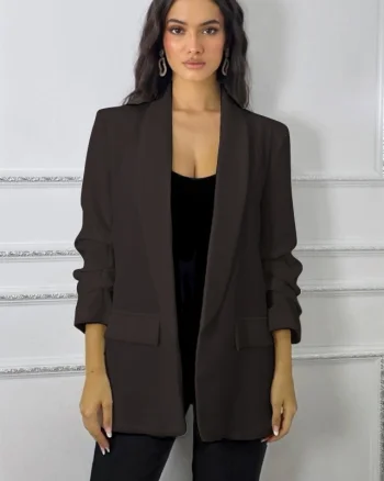 Sacou cu maneca incretita Alessia si buzunare decorative, Maro inchis, Marime S/M