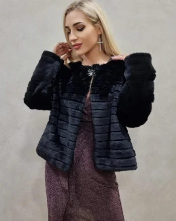 Haina din blana ecologica Feny, cu maneca lunga, lungime medie si accesoriu inclus, Negru, Marime universala M/L