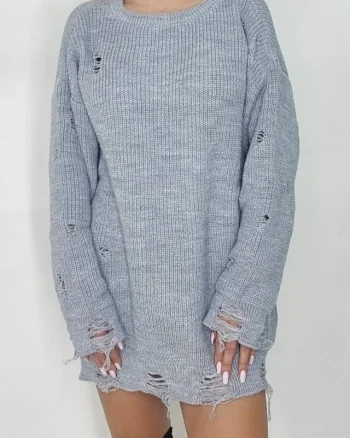 Pulover lung tricotat Laura, cu decupaje in material, Gri, Marime universala S/M/L