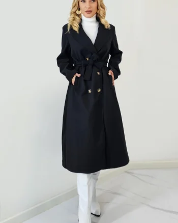 Palton lung Melanda, material gros si cordon detasabil, Negru, Marime S/M/L
