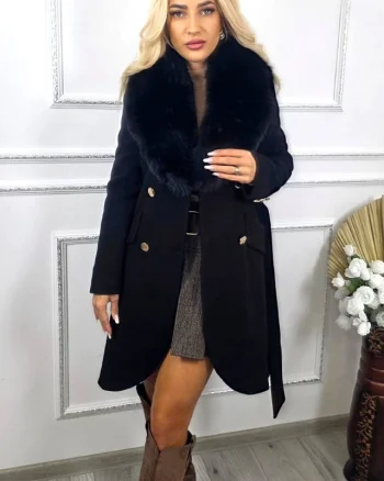 Pardesiu cu lana, guler imblanit Tamira si colturi rotunjite, Negru