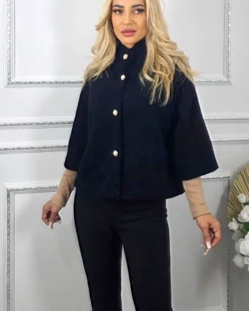 Bolero cu maneca trei sferturi, VORRA si butoni perla, Negru, Marime S/M