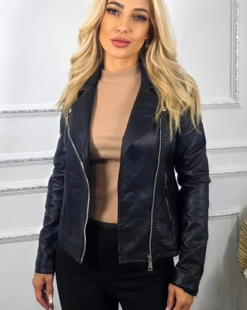 Geaca din piele ecologica NYTA, model biker cu inchidere laterala, Negru