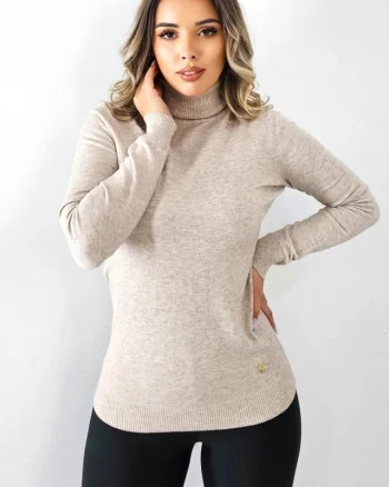 Bluza cu casmir si lana, PATY Roll, guler inalt si accesoriu inima, Bej, Marime S/M