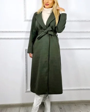 Palton lung de dama Camilla, inchidere cu nasturi si cordon, Verde, Marime S/M