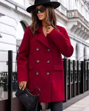 Pardesiu cu nasturi Adriana, croi oversize si revere scurte, Visiniu, Marime S/M/L