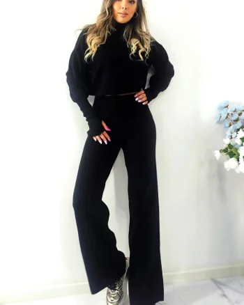 Set tricot din doua piese COMFY, cu bluza large si guler inalt, Negru, Marime S/M/L