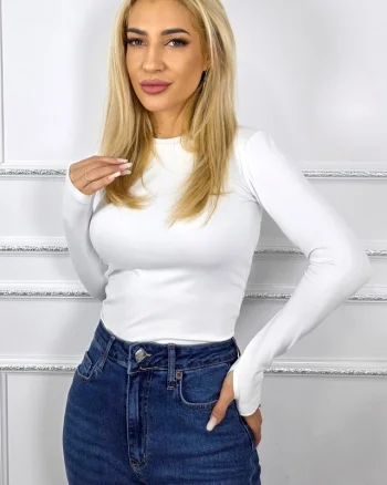 Bluza midi BASIC, cu guler rotund si fenta deget, ALB