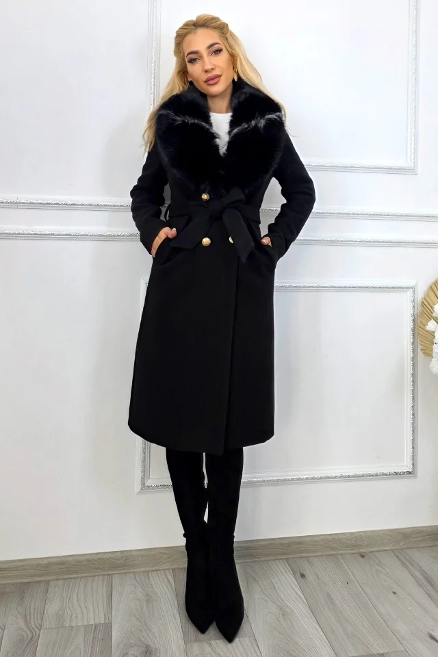 Palton elegant de dama MABELL, cu blana si inchidere cu butoni aurii, Negru