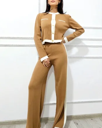 Compleu casual tricot Thalos, cu bluza si pantaloni evazati, Maro, Marime S/M