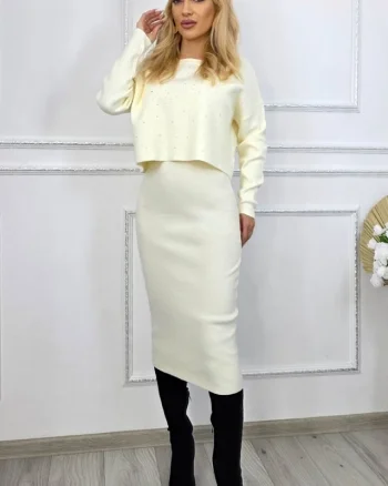 Compleu casual cu rochie Caryne si bluza scurta oversize, ALB Ivory, Marime S/M