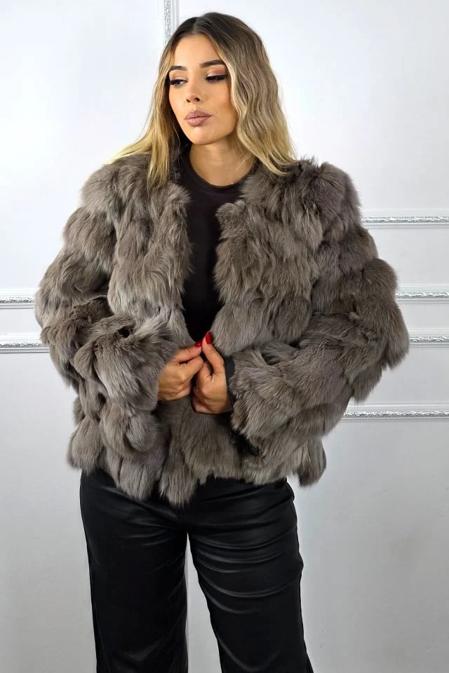 Blana naturala de vulpe Sidonia, cu maneca usor evazata, Cappuccino, Marime S/M/L