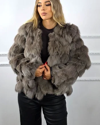 Blana naturala de vulpe Sidonia, cu maneca usor evazata, Cappuccino, Marime S/M/L