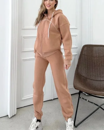 Trening vatuit cu fermoar, Zarah, bluza cu gluga si pantaloni, Bej