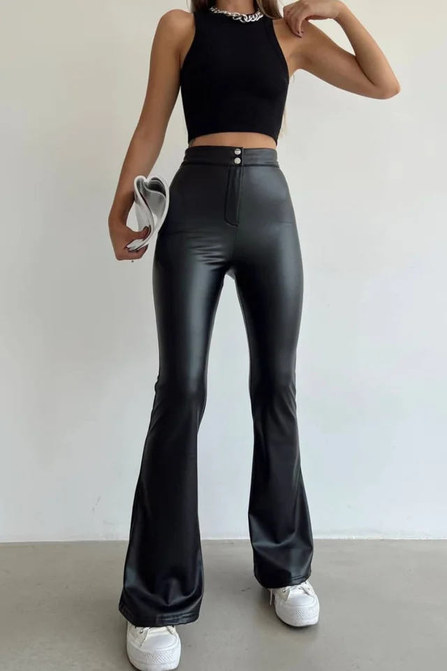 Pantaloni evazati Balkan, din piele ecologica, cu banda fixa in talie, Negru