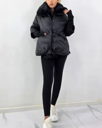 Geaca bomber, maneca tricot, NERRO, cu colturi rotunjite si guler imblanit, Negru