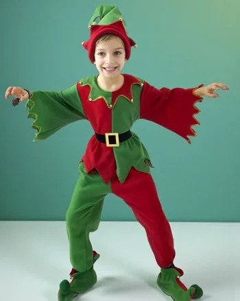 Costum Crăciun baieti ELFIN Candy – set 4 piese: bluza, pantaloni, botosei si caciula