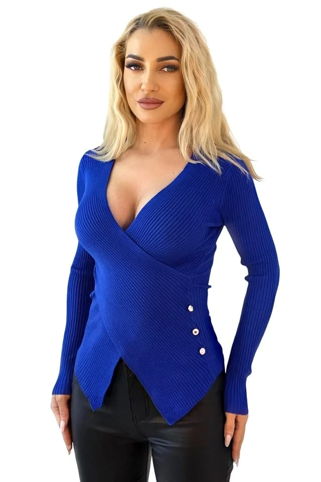 Bluza bandage, asimetrica Miss Lady, cu decolteu petrecut, Albastru Royal