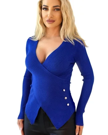Bluza bandage, asimetrica Miss Lady, cu decolteu petrecut, Albastru Royal