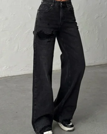 Blugi MYLANO wide leg cu elastan si perforatii, Negru Antracit