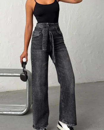 Blugi prespalati Madrid wide leg cu elastan si cordon, Negru